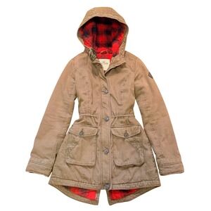 Hollister Utility Parka Jacket Women Small Olive Brown Plaid Lined Hooded Coat